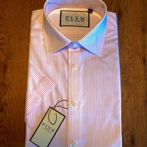 RARE Thomas Pink Garner Stripe Travel Shirts Button Short Sleeve Pink/White